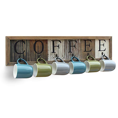  Ffee Mug Holder With Printed Solid Wood Coffee Sign, 6 Coffee Cup Hooks With Wooden Coffee Mug Display And Organizer - Distressed Coffee Rack Sign, 31.5" Wide