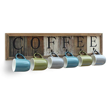  Ffee Mug Holder With Printed Solid Wood Coffee Sign, 6 Coffee Cup Hooks With Wooden Coffee Mug Display And Organizer - Distressed Coffee Rack Sign, 31.5" Wide