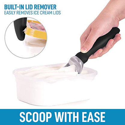  Ice Cream Scoop With Soft Easy Grip Handle - Ice Cream Scooper With Built-in Lid Opener - Heavy Duty Icecream Scoop With Non-Slip Handle For Soft & Hard Ice Cream (Black)