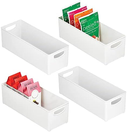  MDesign Plastic Stackable Kitchen Organizer - Storage Bin With Handles For Refrigerator, Freezer, Cabinet, And Pantry Shelves Organization - Food Container - Ligne Collection - 4 Pack - White