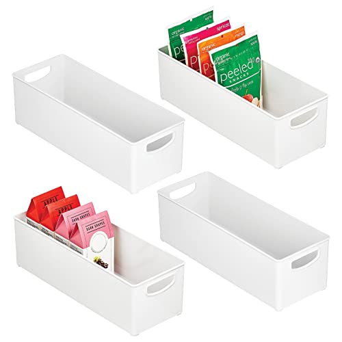  MDesign Plastic Stackable Kitchen Organizer - Storage Bin With Handles For Refrigerator, Freezer, Cabinet, And Pantry Shelves Organization - Food Container - Ligne Collection - 4 Pack - White