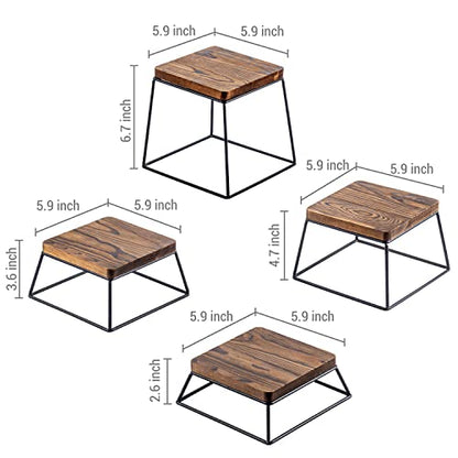  Burnt Wood & Black Metal Wire Square Retail Food Display Risers/Pizza Stands, Set Of 4