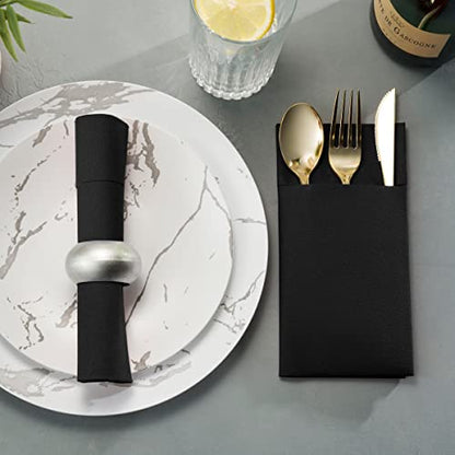 Disposable Linen-Feel Dinner Napkins With Built-in Flatware Pocket, 50-Pack BLACK Prefolded Cloth Like Paper Napkins For Dinner, Wedding Or Party