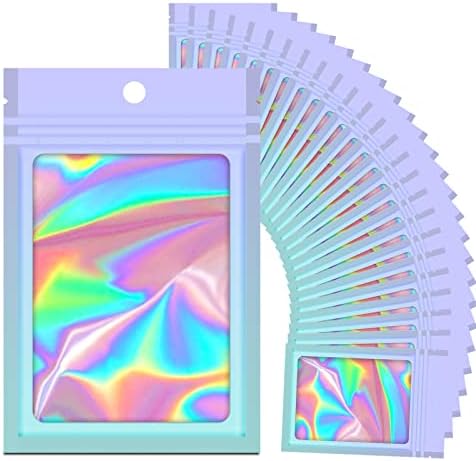  100 Pieces Resealable Mylar Ziplock Bags, Holographic Gradient Bags With Clear Window, Packaging Pouch Party Bags Sample Bags (Green&Pink, 3.5x4.7 Inch)