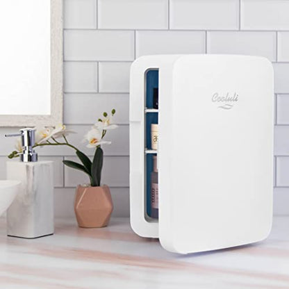 10L Mini Fridge For Bedroom - Car, Office Desk & College Dorm Room - 12v Portable Cooler & Warmer For Food, Drinks, Skincare, Beauty & Makeup - AC/DC Small Refrigerator With Glass Front, White