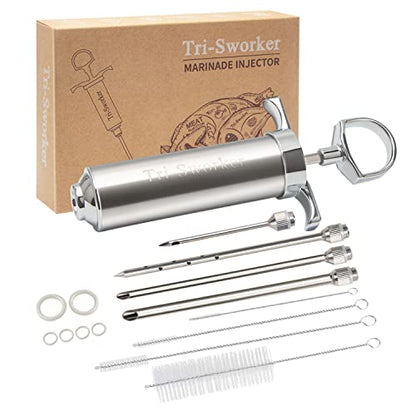  Tri-Sworker Meat Injector Syringe For Smoking With 4 Marinade Flavor Food Injector Needles, Ideal To Injector Marinades For Meats, Turkey, Brisket, Beef; 2-OZ Capacity