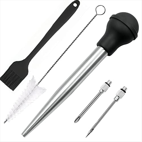  Viwehots Turkey Baster, Baster For Cooking, Stainless Steel Turkey Baster Syringe, Baster Turkey Large Silicone Bulb With 2 Marinade Injector Needles And 2 Brush For Cooking Easy Clean Color Black