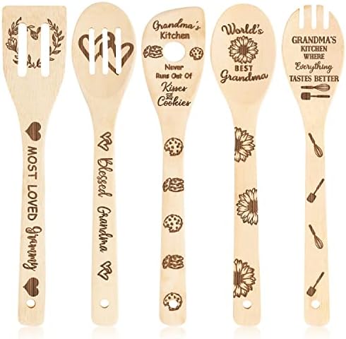  5Pcs Mothers Day Wooden Spoons Utensils Set, Non-Stick Cooking Utensils Carve Burned Bamboo Spoons Spatula Kitchen Cookware Gadget Decor Kit Mothers Day Mom Birthday Fun Gift Idea