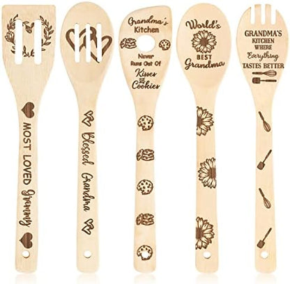  5Pcs Mothers Day Wooden Spoons Utensils Set, Non-Stick Cooking Utensils Carve Burned Bamboo Spoons Spatula Kitchen Cookware Gadget Decor Kit Mothers Day Mom Birthday Fun Gift Idea