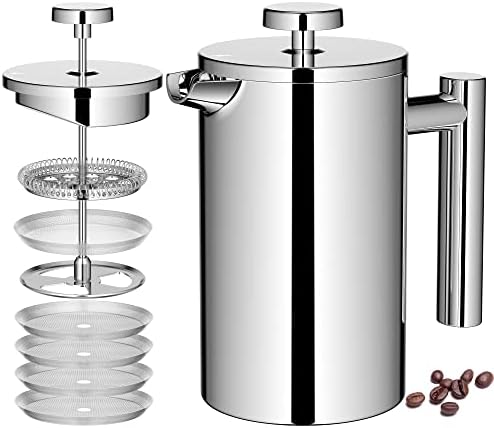  French Press 34oz, Double Insulated 304 Stainless Steel Coffee Press,Stainless Steel French Press With 5 Extra Fliters And 3 Additional Coffee Set(34oz, Sliver)