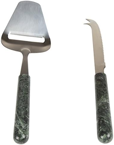  Genuine Green Marble 2 Piece Serving Set With Solid Marble Handle Includes Stainless Steel Cutter Slicer And Cheese Knife, 3" W X 9" L, Green