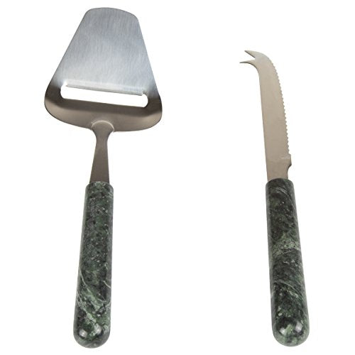  Genuine Green Marble 2 Piece Serving Set With Solid Marble Handle Includes Stainless Steel Cutter Slicer And Cheese Knife, 3" W X 9" L, Green