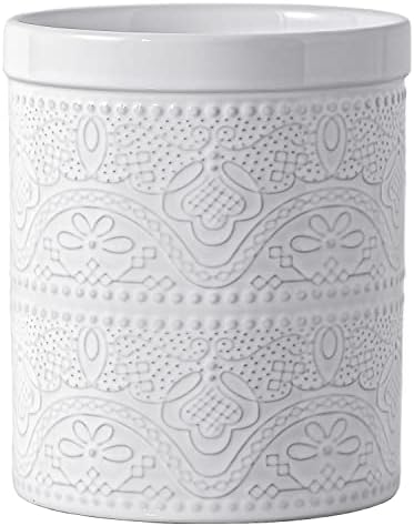  Kitchen Utensil Holder, 7.2" Super Large Utensil Crock Heavy And Stable Lace Emboss Ceramic Utensil Holder For Kitchen Counter (Bright White)