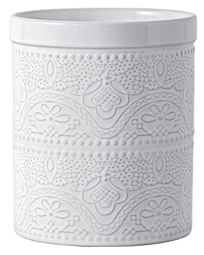  Kitchen Utensil Holder, 7.2" Super Large Utensil Crock Heavy And Stable Lace Emboss Ceramic Utensil Holder For Kitchen Counter (Bright White)
