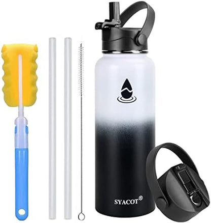  40 Oz Stainless Steel Water Bottle, Insulated Double Wall Vacuum Leak Proof Water Flask, Metal Thermo Canteen Mug —Wide Mouth With 2 Straw Lids