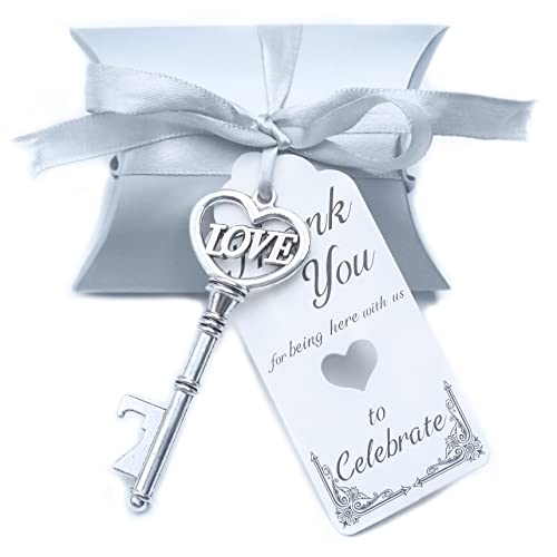  50pcs Skeleton LOVE Key Bottle Openers Pillow Candy Box Escort Thank You Tag Ribbon Wedding Favors Souvenir Gift For Guest Bulk (Antique Silver)
