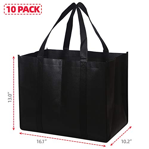  Set Of 10 Reusable Grocery Bags Extra Large Foldable Heavy Duty Shopping Tote Produce Bag With Reinforced Handles, Black