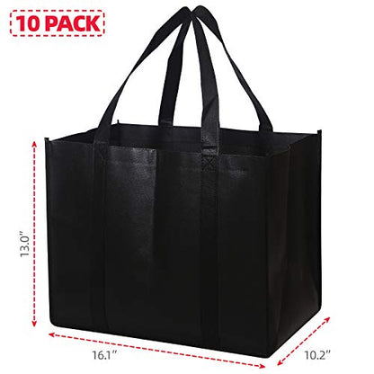  Set Of 10 Reusable Grocery Bags Extra Large Foldable Heavy Duty Shopping Tote Produce Bag With Reinforced Handles, Black