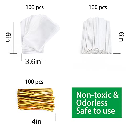  300 Pcs 6inch Lollipop Sticks, Cake Pop Lollipops, Chocolates And Cookies Bag Set Including 100 Parcel Bags, 100 Papery Treat Sticks, 100 Gold Twist Ties
