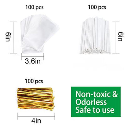  300 Pcs 6inch Lollipop Sticks, Cake Pop Lollipops, Chocolates And Cookies Bag Set Including 100 Parcel Bags, 100 Papery Treat Sticks, 100 Gold Twist Ties