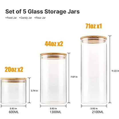  Glass Storage Jars [Set Of 5],Clear Glass Food Storage Containers With Airtight Bamboo Lid Stackable Kitchen Canisters For Candy,Cookie,Rice,Sugar,Flour,Pasta,Nuts And Spice Jars