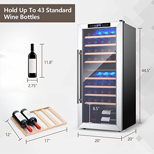  20“ Dual Zone Wine Fridge Refrigerator Cooler, 43 Bottles Freestand Wine & Beverage Center, Wine Cellar W/ 8 Beech Wood Shelves, Glass Door, LED Light, Bar Fridge For Home, Bar