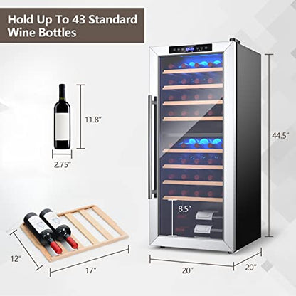  20“ Dual Zone Wine Fridge Refrigerator Cooler, 43 Bottles Freestand Wine & Beverage Center, Wine Cellar W/ 8 Beech Wood Shelves, Glass Door, LED Light, Bar Fridge For Home, Bar