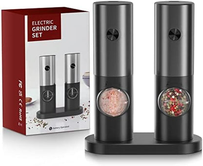  Lectric Salt And Pepper Grinder Set, EAGMAK Battery Powered Automatic 70ml Pepper Mill Grinders, Stainless Steel Electronic Mill Shakers With Adjustable Coarseness, LED Light & Storage Base (2 Pack)