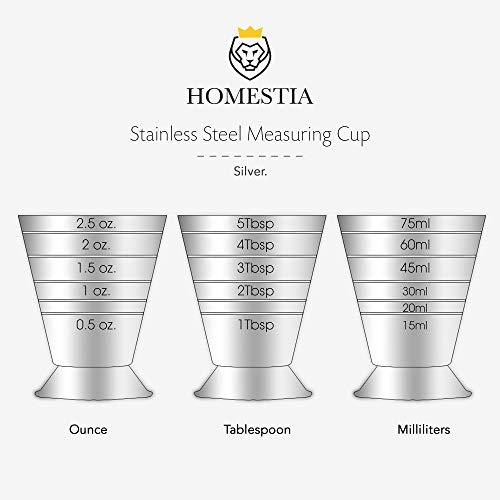  Measuring Cup Cocktail Jigger Stainless Steel Cup For Liquid Or Dry Mini Espresso Shot Glass Up To 2.5oz, 5Tbsp, 75ml, Silver
