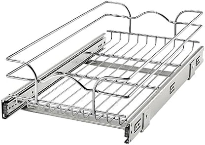  Rev-A-Shelf 5WB1-0918CR-1 8.5 X 18 Inch Single Wire Pull Out Shelf Storage Basket Organizer W/100lb Weight Capacity For Kitchen Base Cabinets, Silver