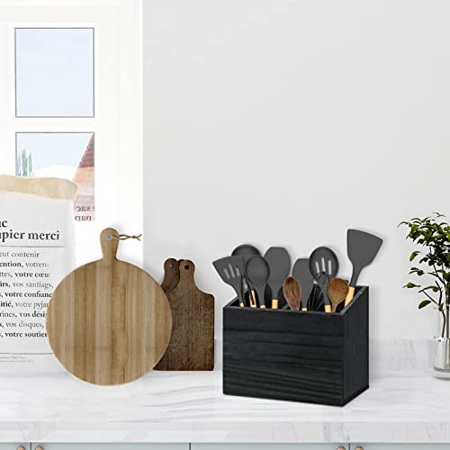  Utensil Holder For Kitchen Counter, Wood Utensil Organizer With 2 Compartments, Utensil Caddy And Silverware Organizer For Kitchen Decor, Black Kitchen Accessories