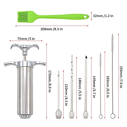  Meat Injector Syringe,Stainless Steel Injector Gun Kit With Case,2-Oz Marinade For Smoking,With 3 Professional Needles 2 Cleaning Brushes And 4 Silicone O-Rings,1Cleaning Silicone Brush (silver)