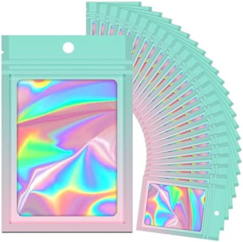 100 Pieces Resealable Mylar Ziplock Bags, Holographic Gradient Bags With Clear Window, Packaging Pouch Party Bags Sample Bags (Green&Pink, 3.5x4.7 Inch)