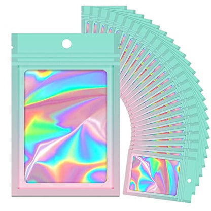  100 Pieces Resealable Mylar Ziplock Bags, Holographic Gradient Bags With Clear Window, Packaging Pouch Party Bags Sample Bags (Green&Pink, 3.5x4.7 Inch)