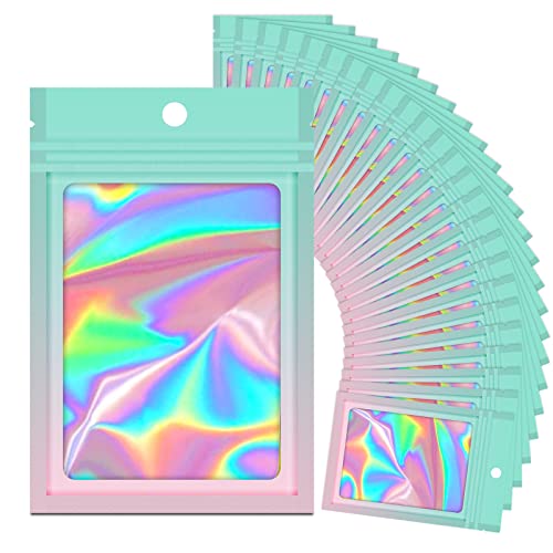  100 Pieces Resealable Mylar Ziplock Bags, Holographic Gradient Bags With Clear Window, Packaging Pouch Party Bags Sample Bags (Green&Pink, 3.5x4.7 Inch)