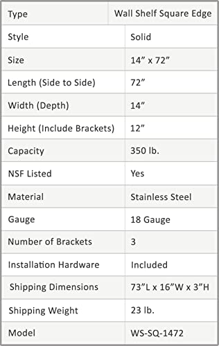  Stainless Steel Wall Shelf | Square Edge | Heavy Duty | Commercial Grade | Wall Mount | NSF Certified (14" Width X 72" Length)