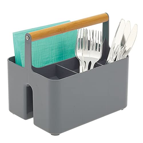  MDesign Plastic Portable Storage Organizer Kitchen Caddy Tote, Divided Bin With Wood Handle For Napkins, Silverware, Forks, Knives, Spoons - Store In Cabinets, Countertops - Charcoal Gray/Natural
