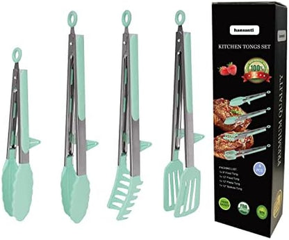  4 Pack Silicone Kitchen Cooking Tongs Set, Stainless Steel Nonstick Food Tong With BPA Free Silicone Tips For Serving Pasta Spaghetti Steak Pie Pizza Salad Vegetable Fruit Grilling BBQ Buffet 9" & 12"