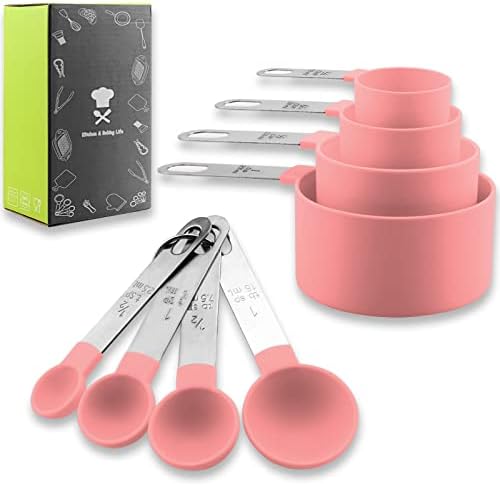  Measuring Cups And Spoons Set, 8 Pieces Measuring Cups And Measuring Spoons With Stackable Stainless Steel Handle Measure Dry Or Liquid Ingredients Measuring Set For Kitchen Cooking And Baking (Pink)