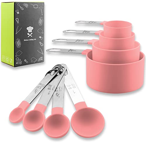  Measuring Cups And Spoons Set, 8 Pieces Measuring Cups And Measuring Spoons With Stackable Stainless Steel Handle Measure Dry Or Liquid Ingredients Measuring Set For Kitchen Cooking And Baking (Pink)