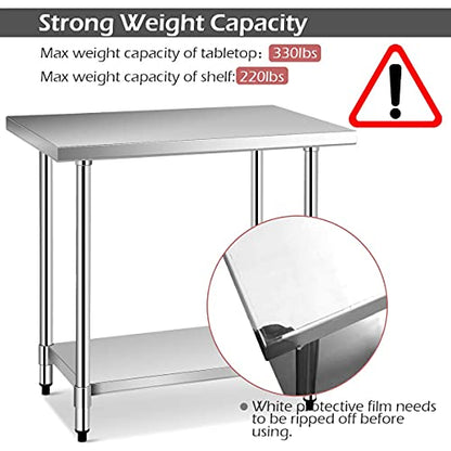  Giantex 36 X 24 Inches Stainless Steel Work Table, Commercial Kitchen Prep Work Table With Galvanized Shelf, Adjustable Plastic Feet, Heavy Duty Work Prep Table For Kitchen, Restaurant