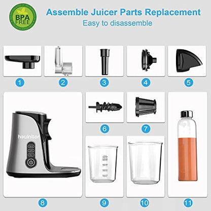  Touch LED Display Masticating Juicer Machines Vegetable And Fruit, Healnitor Cold Press Slow Juice Extractor Machines With Triple Mode, Easy To Clean Brush & Quiet Motor, 500ML Travel Bottle, Grey