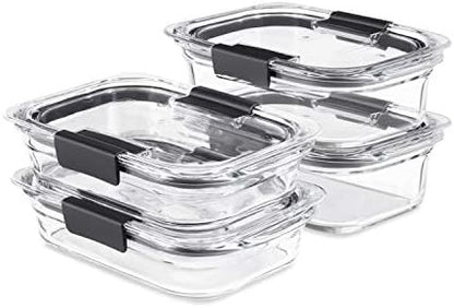 Rubbermaid 8-Piece Brilliance Glass Food Storage Containers With Lids For Lunch, Meal Prep, And Leftovers, Dishwasher And Oven Safe, Clear/Grey