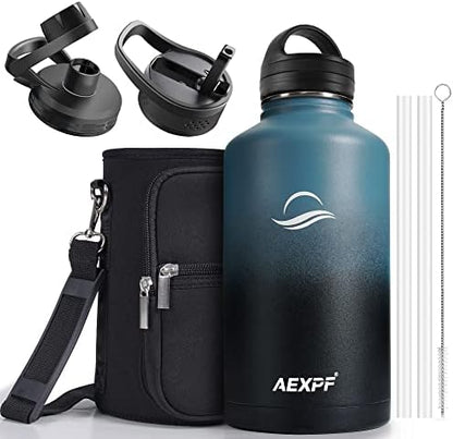  40 Oz Insulated Water Bottle, Stainless Steel Vacuum Sports Water Bottle With 3 Lids, Durable Leakproof Metal Thermos, BPA-free Water Flask Jug With Strap For Gym Camping, Indigo Black Gradient