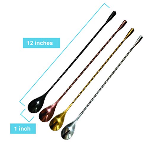  Cocktail Mixing Spoons - Bar Spoons For Stirring Cocktail Drinks - Bartender Tools For Your Home Bar Set - Set Of 4 Long Spoons For Stirring In Silver, Black, Gold, Rose Gold