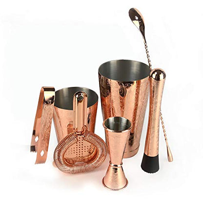  KY FISH Bartender Kit Cocktail Shaker Set-6 Pieces Stainless Steel Copper Plated Etching Bar Tools With Boston Shaker Tins,Mixing Spoon,Mojito Muddler,Jigger,Hawthorne Strainer ,Ice Tongs