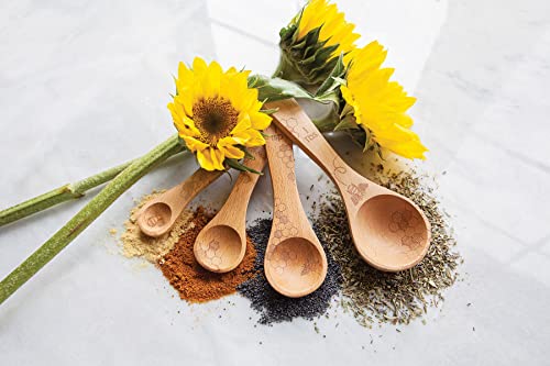  Laser Etched Beechwood Measuring Spoons | Set Of 4 | Honey Bee Design | Natural Wooden Measuring Spoons Set | Cute & Functional Kitchen Tools