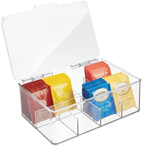  MDesign Plastic Stackable Tea Bag Organizer Storage Bin With Lid For Kitchen Cabinets, Countertops, Pantry - Container Holds Beverage Bags, Cups, Pods, Packets, Condiment Accessories - Clear