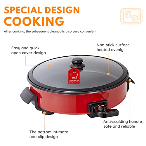  Onstick Electric Skillet Electric Fryer, Non-Stick Coating, Adjustable Temperature Control, Heat-Resistant Handle- Red.