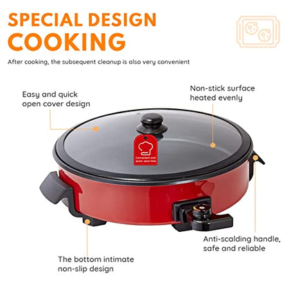  Onstick Electric Skillet Electric Fryer, Non-Stick Coating, Adjustable Temperature Control, Heat-Resistant Handle- Red.